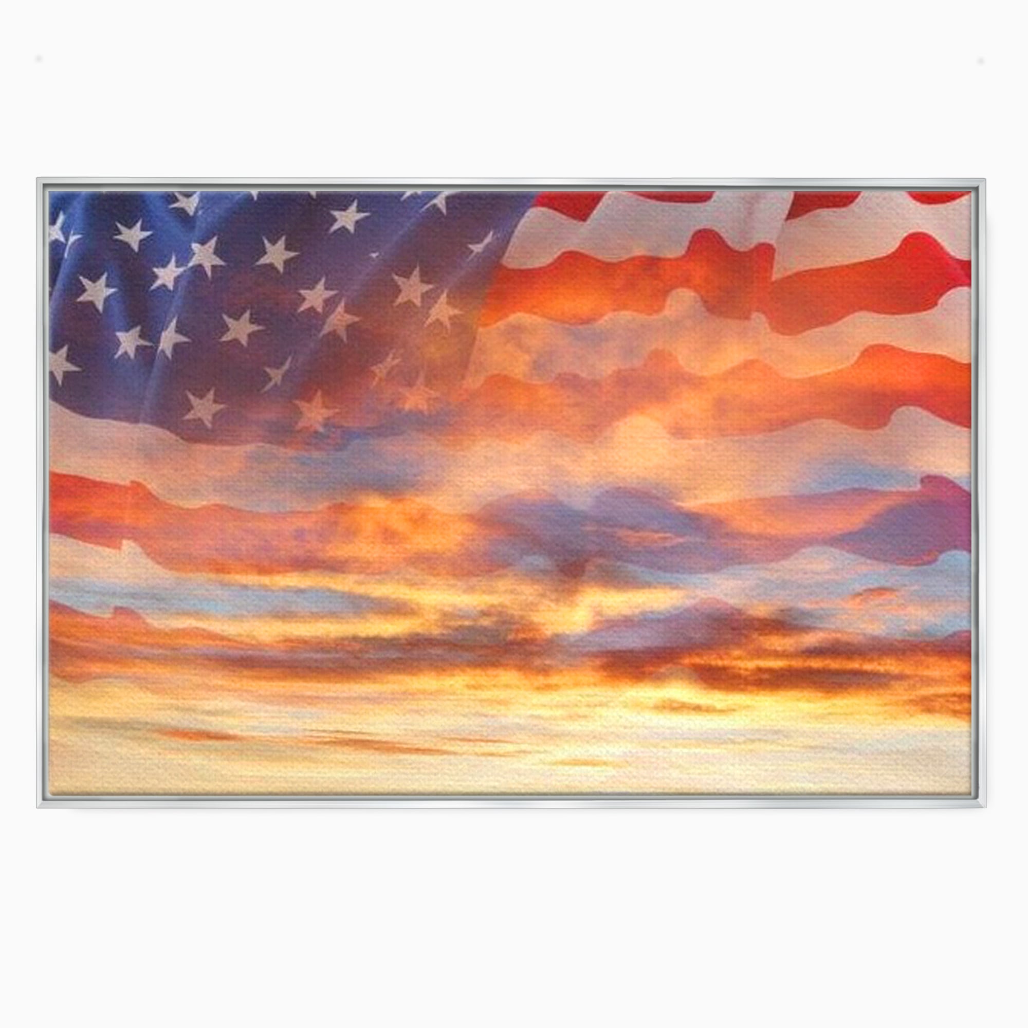 Tablou canvas cu tablou canvas cu steagul american si apus, in rama de aluminiu argintiu